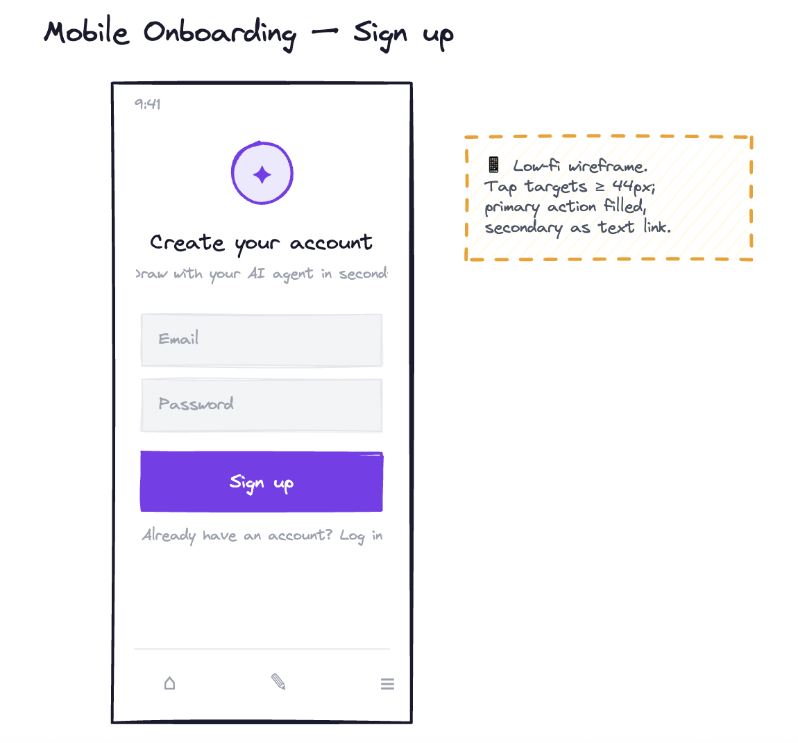 A mobile onboarding wireframe drawn on FlyingDraw by an AI agent