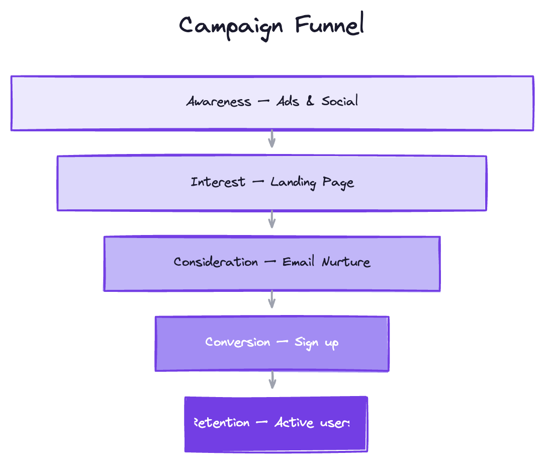 A campaign funnel drawn on FlyingDraw by an AI agent